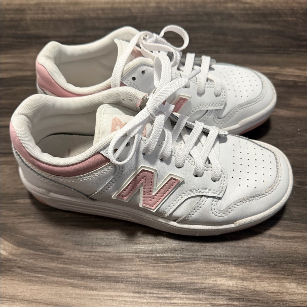 New Balance White and Light Pink Low-Top Sneakers